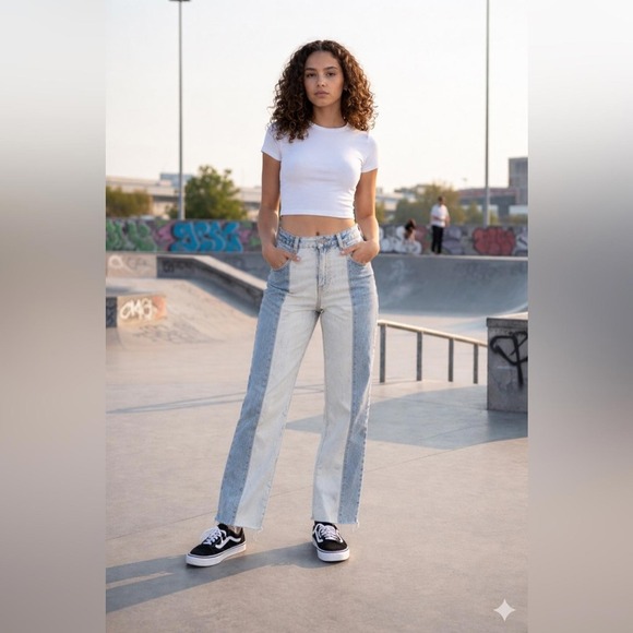 Almost Famous Denim - Almost Famous Two Tone High Rise Straight Leg Jeans Raw Hem Size 7 Colorblock